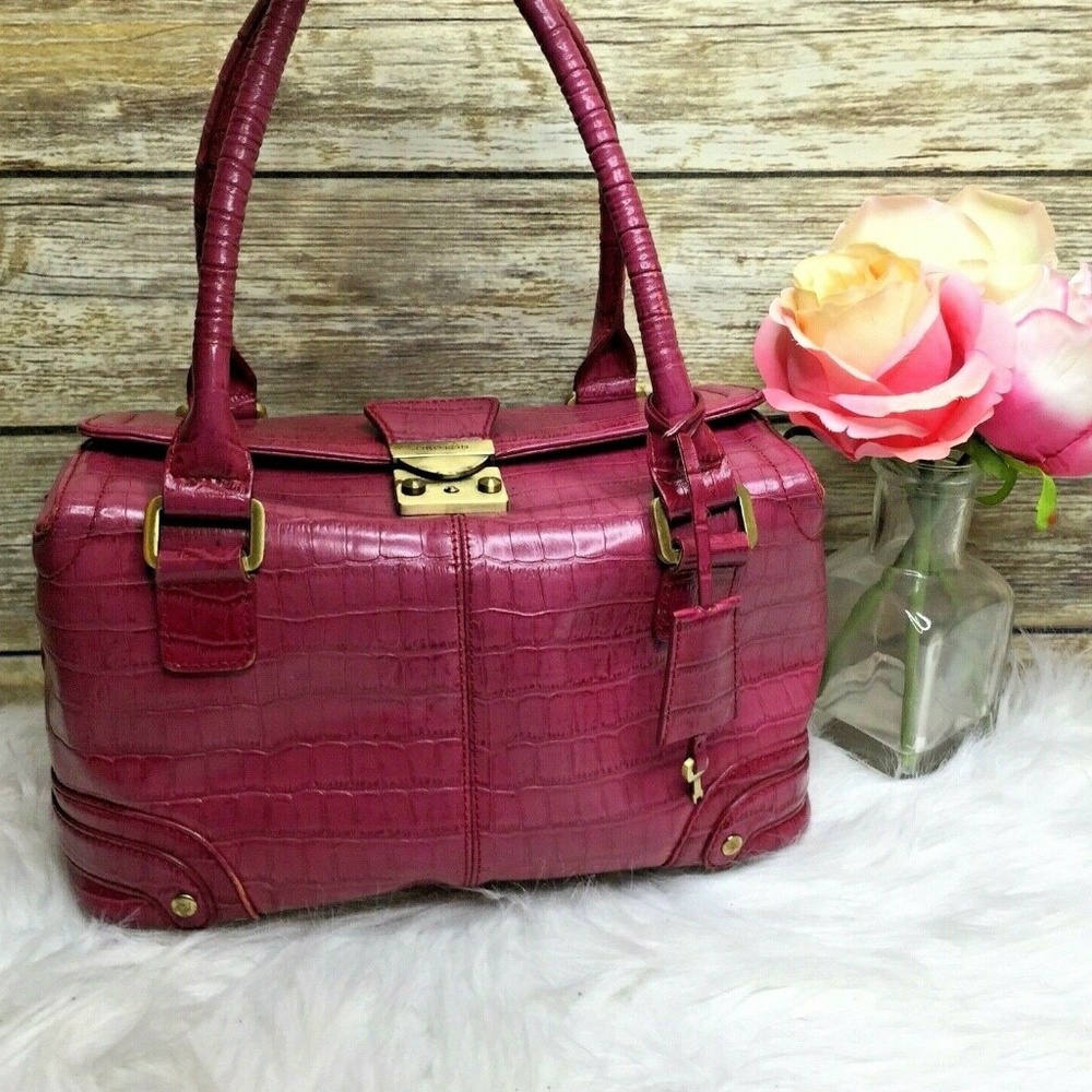 Oroton Pink Croc Embossed Leather Satchel Handbag